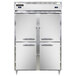 A white rectangular stainless steel Continental refrigerator/freezer with two half doors.