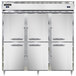A white Continental refrigerator with three stainless steel doors and silver handles.