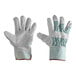 A pair of Cordova work gloves with green and pink stripes and leather palm coating.