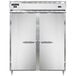 A Continental DL2RFES-SA refrigerator/freezer with two white doors with handles.