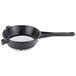 A black plastic sieve with a white handle.