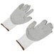 A pair of Cordova OGRE-CR gloves with gray and white HPPE fabric and gray palm coating.