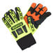 A pair of Cordova Hi-Vis lime gloves with orange accents on a white background.