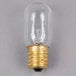 A close-up of a Satco clear incandescent indicator light bulb with a clear cap and gold base.