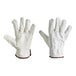 A pair of white Cordova cowhide leather driver's gloves with brown palms.