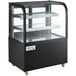 A black Avantco refrigerated bakery display case with curved glass doors and three shelves.