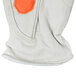 A close up of a Cordova Outlaw leather warehouse glove with orange TPR protectors.