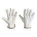 A pair of Cordova medium grain cowhide leather driver's gloves with gray split leather backs.