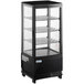 An Avantco black glass countertop display refrigerator with glass doors.