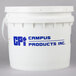 A white bucket with blue text reading "Campus Products Inc" containing white vegetable granulate.