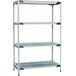 A white MetroMax metal shelving unit with three tiers and two shelves.