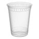 A clear, compostable 7 oz. plastic cold cup with a customizable design.