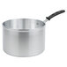 A silver aluminum Vollrath sauce pan with a black handle.