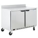 A Beverage-Air stainless steel worktop refrigerator with two doors on wheels.