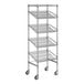 A Regency chrome wire shelving unit with wheels.