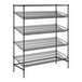 A black wire shelving unit with five shelves.