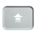 A white rectangular Cambro tray with a logo on it.