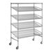 A Regency chrome wire shelving unit with wheels.