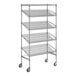 A Regency chrome wire shelving unit with angled shelves and wheels.