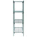 A green Metroseal 3 wire shelving unit with four shelves.