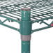 A Metroseal 3 green metal wire shelving unit with metal poles.