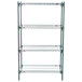 A green Metroseal 3 wire shelving unit with four shelves.