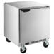 A stainless steel Beverage-Air undercounter freezer on wheels.