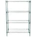 A Metroseal 3 green metal shelving unit with four shelves.