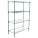 A green Metroseal 3 wire shelving unit with four shelves.