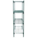 A Metroseal 3 green metal wire shelving unit with four shelves.