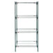 A green Metroseal 3 metal shelving unit with four shelves.