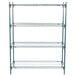 A green Metroseal 3 wire shelving unit with four shelves.