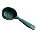 A forest green Carlisle plastic perforated portion spoon with a short handle.