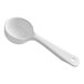 A white plastic measuring spoon with a short handle.