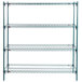 A green Metroseal 3 wire shelving unit with four shelves.