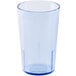 A clear plastic tumbler with a blue rim.