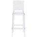 A clear plastic bar height stool with a square back.