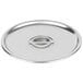 A Vollrath stainless steel round lid with a handle.