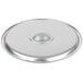 A silver stainless steel lid with a round center.