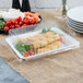 A clear plastic Fineline rectangular dome lid on a platter of food.