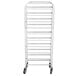 A white metal Winholt end load platter rack with black wheels.