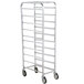 A silver metal Winholt end load platter rack with wheels.