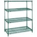 A green Metroseal 3 wire shelving unit with four shelves.