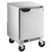 A stainless steel Beverage-Air undercounter freezer with wheels.