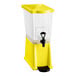 A yellow slim beverage or juice dispenser with a clear container and a black spigot.