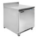 A silver stainless steel Beverage-Air worktop refrigerator with a door on wheels.