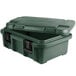 A granite green plastic box with black handles.