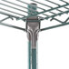 A grey Metro Super Erecta wire shelf with a green Metroseal hook.