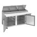 A stainless steel Beverage-Air refrigerated pizza prep table with two doors.