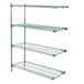 A three tiered metal shelving unit with three shelves.